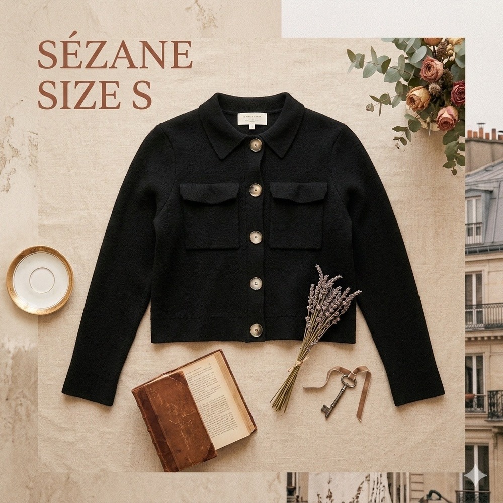 Sézane Parisian Chic Betty Cardigan Black Merino Wool Women's Size S